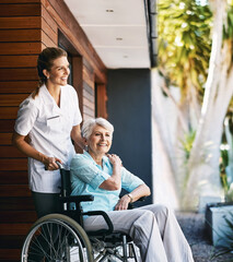 Poster - Nurse, senior woman and help on wheelchair for support, rehabilitation or medical healthcare on outdoor walk. Happy caregiver, retirement and person with disability at home for recovery or wellness