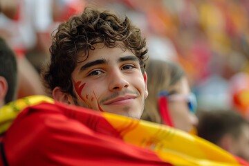 Portrait of content male fan with flag face paint and bandana representing team colors