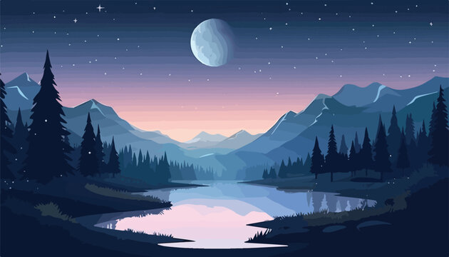 Night landscape with mountain lake and forest. Vector illustration in flat style