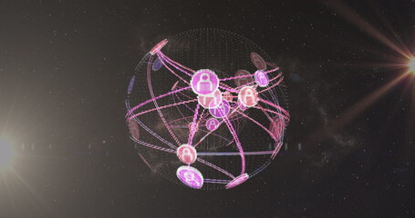 Poster - Image of network of profile icons over a globe against light spot on grey background