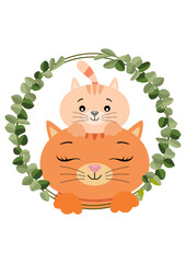 Poster - Mommy cat with her baby on her head peeking through the frame of green leaves