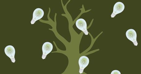 Canvas Print - Image of lightbulbs over tree on green background