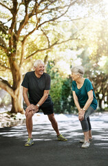 Sticker - Outdoor, stretching and old couple with exercise, fitness and workout with challenge, healthy and energy. People in park, senior man and mature woman with training, wellness and cardio with balance