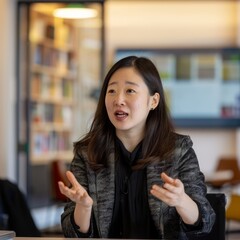 Wall Mural - An East Asian female entrepreneur pitching to investors over a video call, with a high-tech startup office environment blurred in the background. 