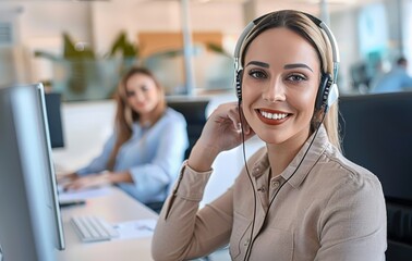 Wall Mural - A professional woman wearing a headset smiles confidently while working in a call center.