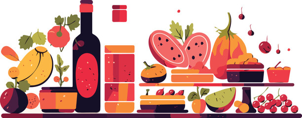 Wall Mural - Vector illustration of fruits and vegetables on the shelf in the store.