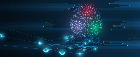 Abstract Artificial intelligence. Cloud computing. Machine learning. Technology web background. Virtual concept futuristic background. Vector art.