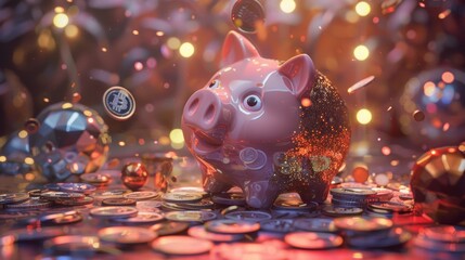 A piggy bank, filled with coins, shimmies and shakes uncontrollably as more coins are dropped in, creating a miniature disco scene.