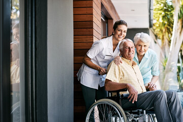 Wall Mural - Senior, couple and nurse outdoor wheelchair, happiness or portrait healthcare service at nursing home. Woman, medic and man with disability injury for therapy, healing and support on retirement