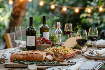 A rustic Italian dinner table set outdoors, laden with homemade pasta, freshly baked bread, and bottles of local wine, under string lights.