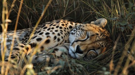 Wall Mural - A cheetah curled up in tall grass, its spotted coat blending perfectly with the environment.