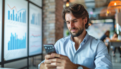 A man is sitting at a table, focused on his cell phone, engaging with the device