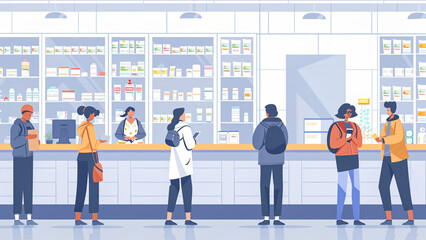 In the illustration, there is a group of people waiting in line at the pharmacy counter to pick up their prescriptions, showing a common scene in healthcare settings