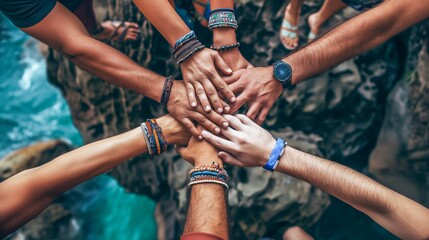 A group of people are holding hands in a circle, with each person wearing a different colored bracelet. Concept of unity and togetherness