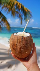 Wall Mural - and holding a coconut on a tropical beach with palm trees and ocean in the background. Summer and vacation concept. Design for poster, advertisement, banner with copy space. 