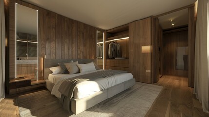 Canvas Print - A single bedroom with a bespoke built in closet spanning an entire wall