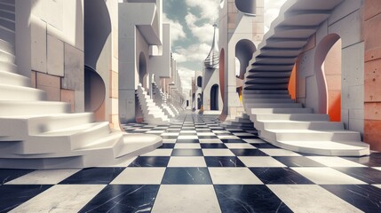 Wall Mural - Surreal Cityscape with Checkerboard Floor