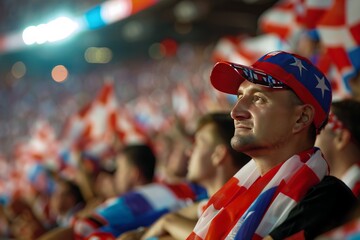 Wall Mural - The image shows a crowd of enthusiastic fans in a stadium, with flags in the background, cheering during a sports event