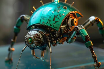 Aufkleber - Close-up image of an intricately designed robotic bug in teal, showcasing technology and futuristic concepts