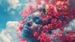 © Ruby Siam - A surreal portrait of a woman with closed eyes surrounded by vibrant pink flowers and clouds.