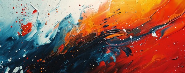 Abstract painting with vibrant colors of blue, red, orange and black.