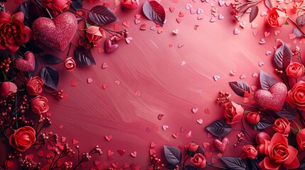 Wall Mural - A beautiful Valentine-themed background adorned with love symbols, top view, and ample copy space