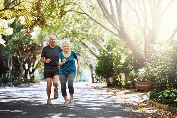 Poster - Running, outdoor and old couple with fitness, sunshine and bonding together with challenge. Park, senior man and woman with training, retirement and hobby with wellness, exercise and healthy