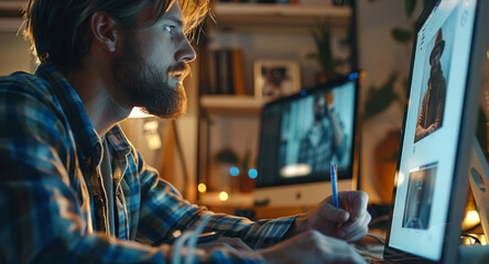 Fototapete - A freelancer working on a character animation on a tablet with design software. Generative AI.