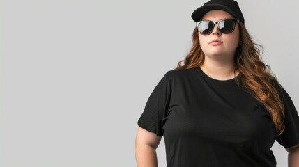 A woman wearing a black t-shirt, sunglasses, and a baseball cap poses against a neutral backdrop