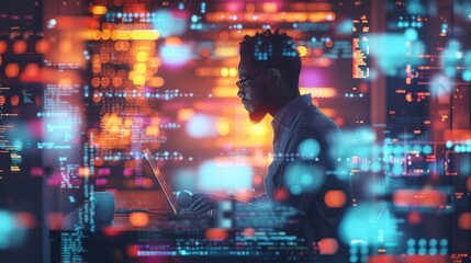 Poster - A programmer at a standing desk, surrounded by tech gadgets and colorful lines of code, with keywords: productivity, innovation, standing desk, technology, minimalism. High key. Generative AI.