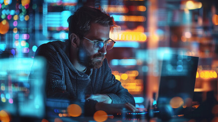 Poster - A programmer at a standing desk, surrounded by tech gadgets and colorful lines of code, with keywords: productivity, innovation, standing desk, technology, minimalism. High key. Generative AI.
