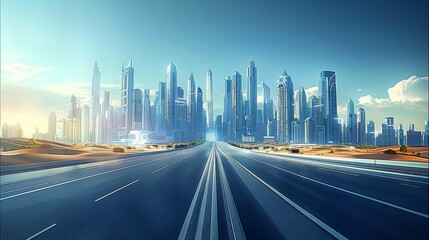 Aufkleber - A futuristic cityscape with skyscrapers and modern road, representing the company's dynamic growth in technology. The sky is clear blue with sunlight casting long shadows on buildings. Generative AI.