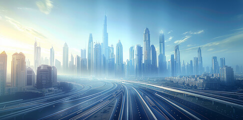 Aufkleber - A futuristic cityscape with skyscrapers and modern road, representing the company's dynamic growth in technology. The sky is clear blue with sunlight casting long shadows on buildings. Generative AI.
