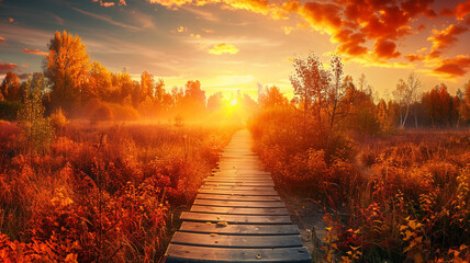 Panoramic autumn landscape with wooden path at sunset. Fall nature background