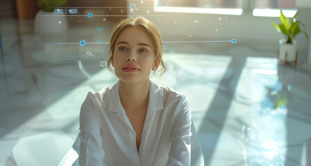 Wall Mural - A bright and airy office interior with light streaming through the windows, A professional business woman with fair skin sits confidently. Generative AI.