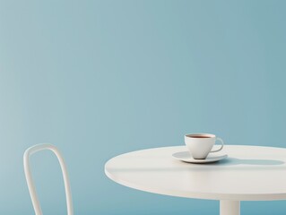 Wall Mural - Minimalist white chair and round table with a single coffee cup against a calm cyan background, conveying simplicity and tranquility.