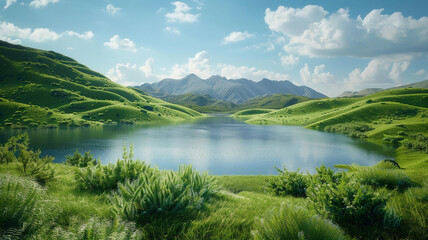 Wall Mural - Picturesque bright green hills covered with plants around mountain lake