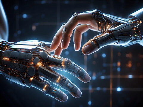 AI, Machine learning, Hands of robots and humans touching on big data network connection background, Science and artificial intelligence technology, innovation, and futuristic design