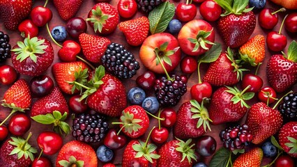 A variety of fresh berries and fruits, including strawberries, blueberries, blackberries, cherries, and apples, are arranged on a red background.