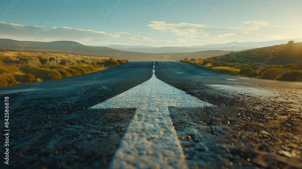 An asphalt road stretches into the distance with a painted white arrow ...