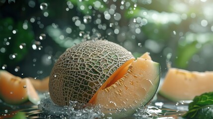 Wall Mural - A cantaloupe and water in a tropical rainforest background. Generative AI.