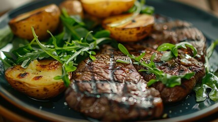 Wall Mural - Grilled steak with baked potatoes with greens plate