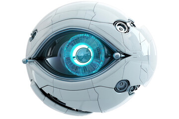 Wall Mural - Blue And White Eye With Metallic Frame, Science Fiction, Isolate On White Background.