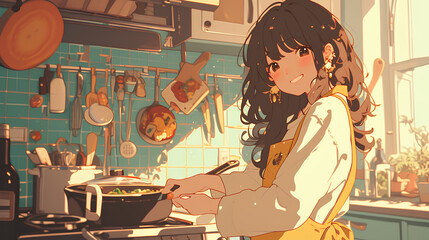 Wall Mural - a girl is cooking in the kitchen