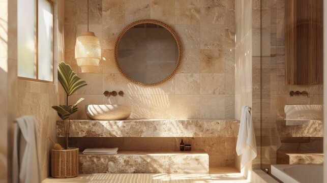 Modern, cozy bathroom, wood and stone, wicker lamp, round mirror, beige tiles, natural light, minimalist style