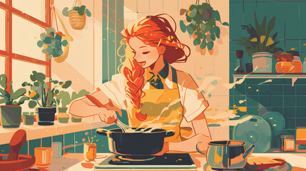 Wall Mural - a girl is cooking in the kitchen