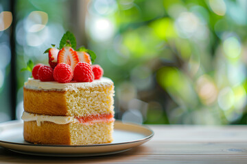 a slice of cake on table with blurry background