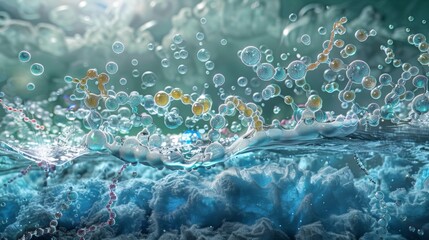 Wall Mural - abstract 3d render of a molecular structure with water and bubbles