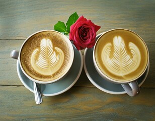 Two cups of hot coffee cafe latte with beautiful latte art and rose ornament, served on wooden table, coffee lover and valentine s day concept.