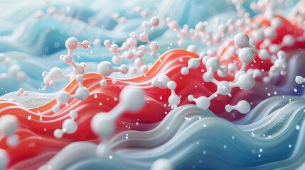 Wall Mural - abstract molecular structure with red and blue wavy liquid background